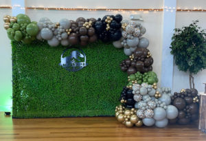 Multi-coloured balloons artistically arranged against a greenery backdrop